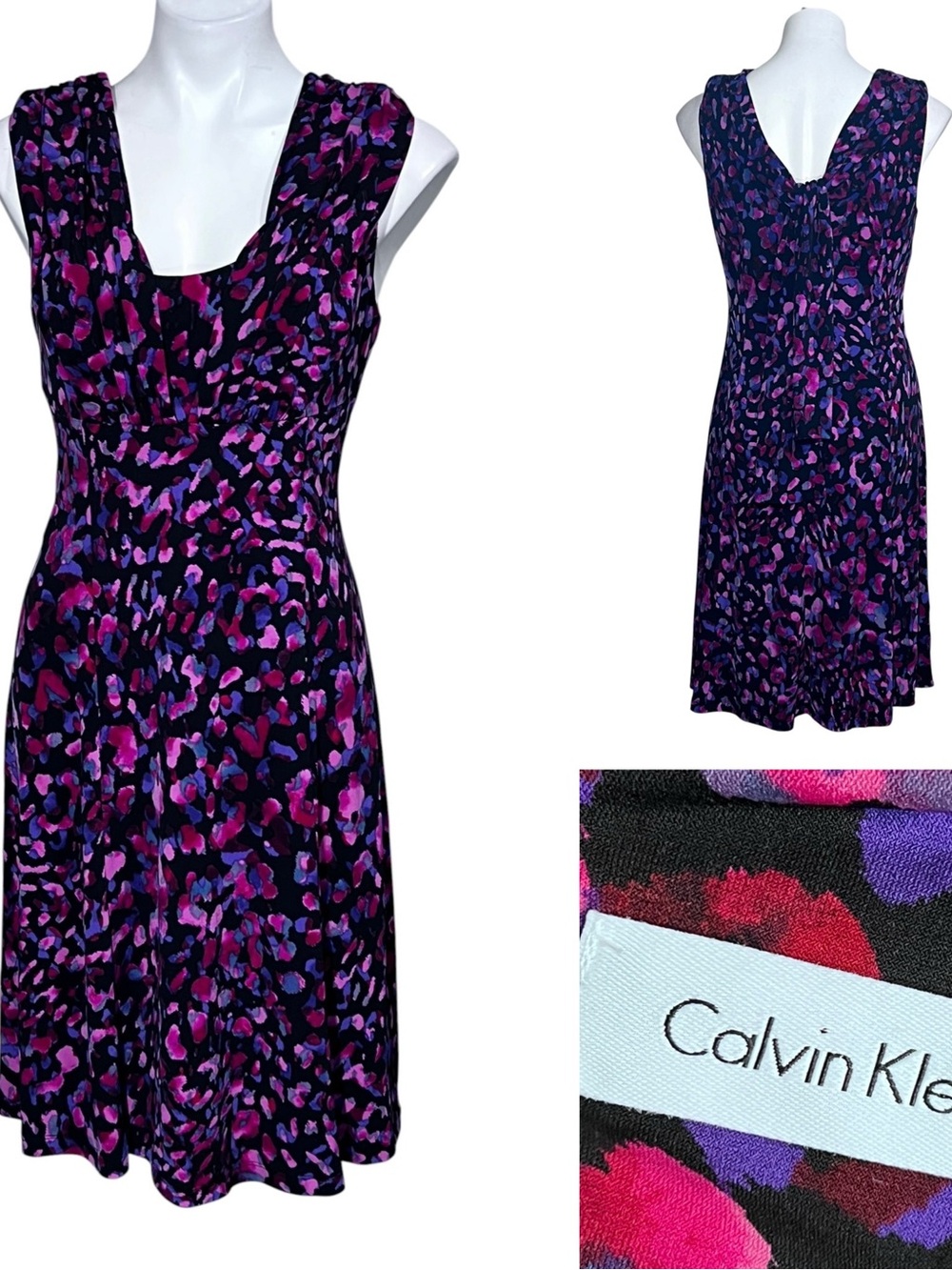 Calvin Klein Dress Sz M/10 Purple multicolor Abstract Print tie-back swing